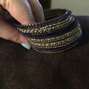 Gold, Threaded Blue & Bling Bangle Set (of 15)